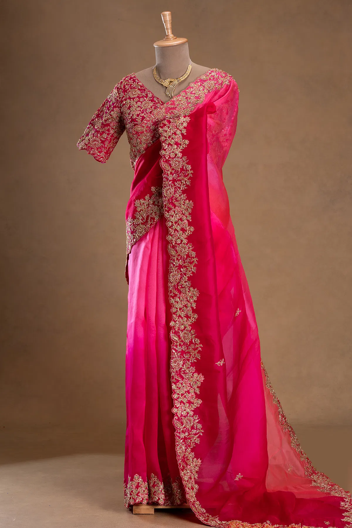 Pink zardosi embroidered organza saree